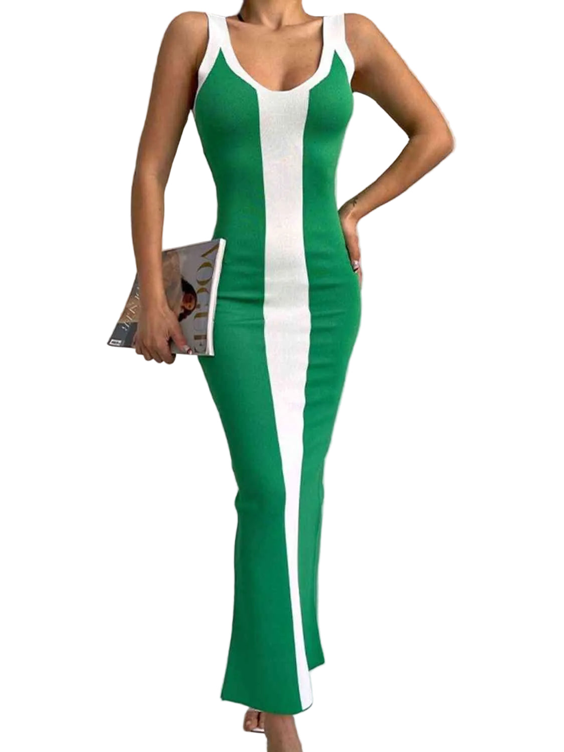 Contrast Colorblock Scoop Neck Fitted Sleeveless Bodycon Back Slit Midi Dress