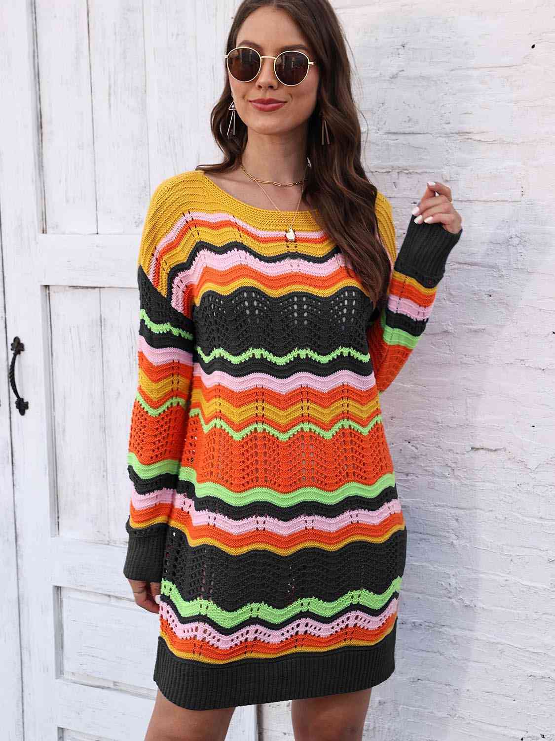 Retro 70s Revival Openwork Knit Long Sleeve Mini Sweater Dress Zigzag Stripe