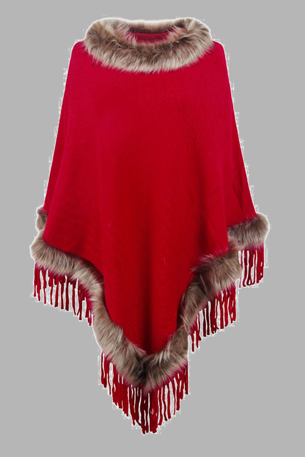 Faux Fur Retro Fringe Hem Textured Knit Pullover Poncho