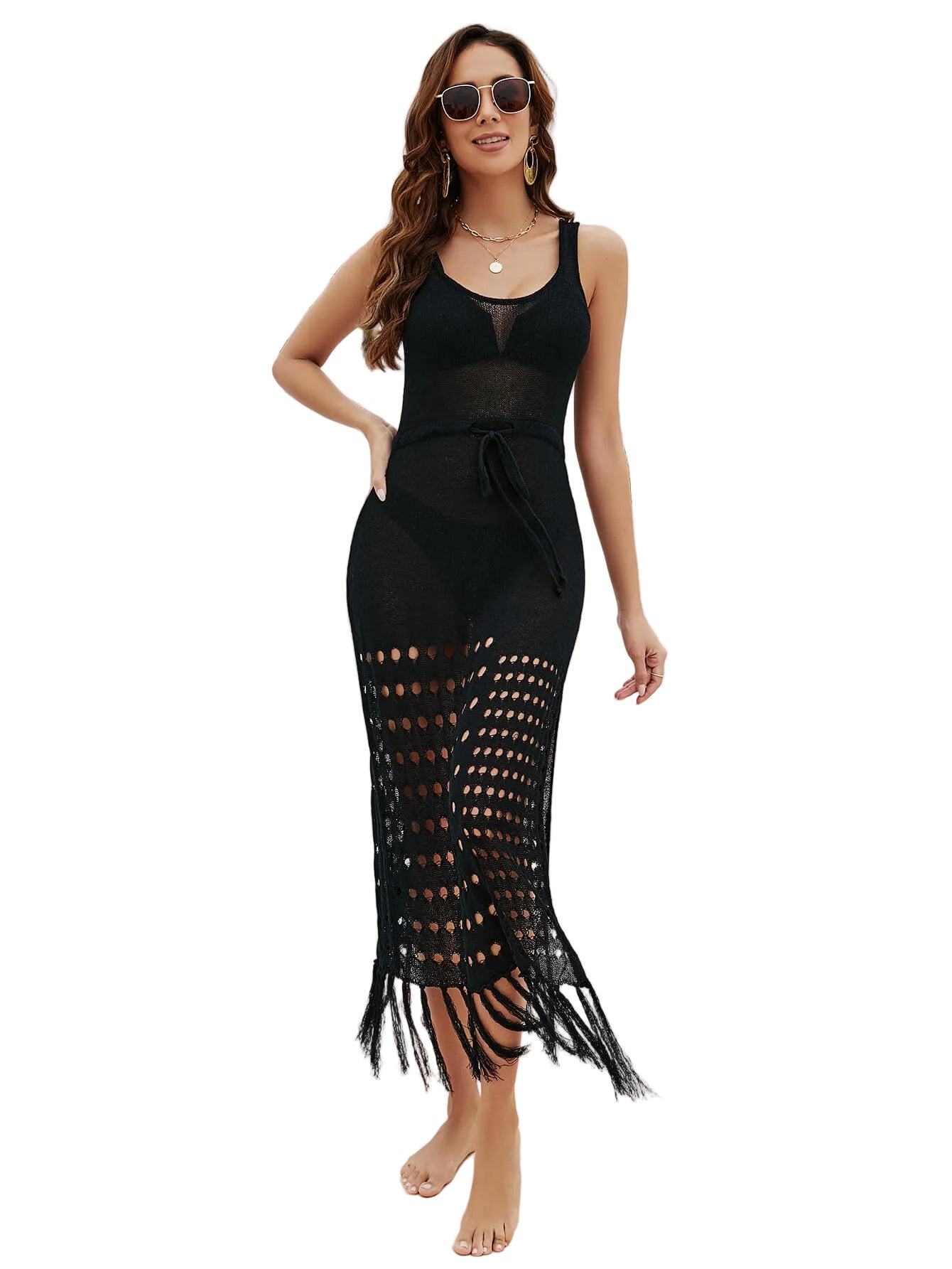 Retro Fringe Hem Open Knit Drawstring Waist Split Side Swimwear Cover-Up Dress