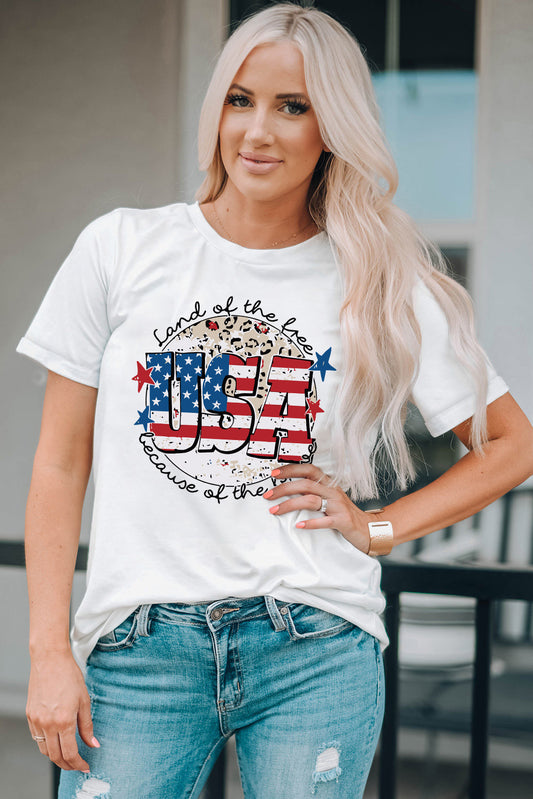 American Because of the Brave USA Leopard Graphic Top Cuffed Short Sleeve Shirt