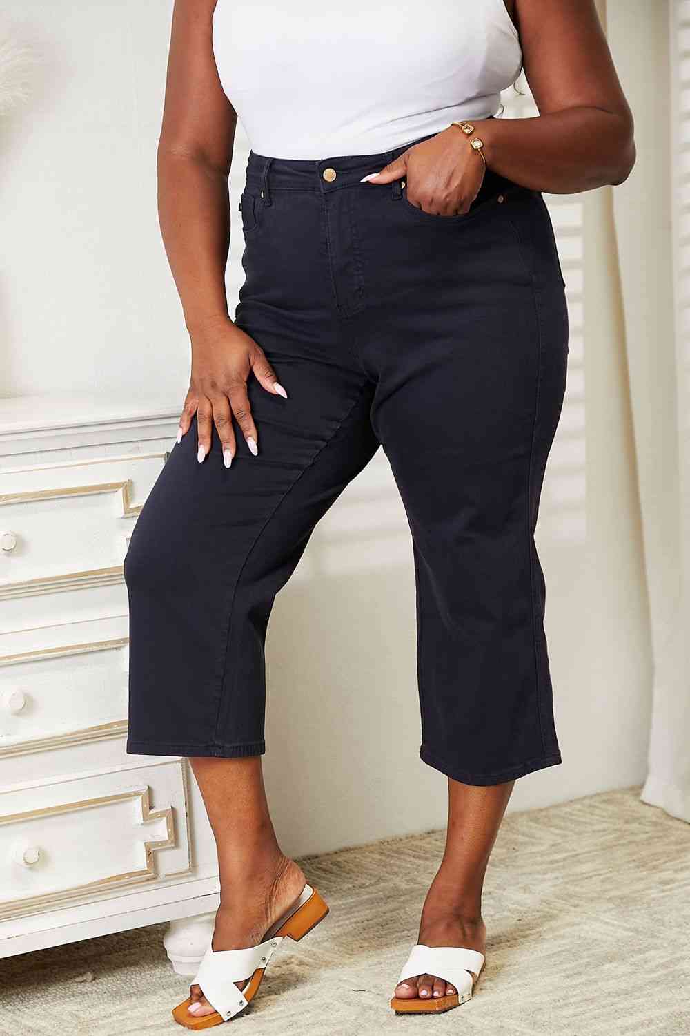 Tummy Control High Waist Navy Demim Jean Judy Blue Cropped Pants