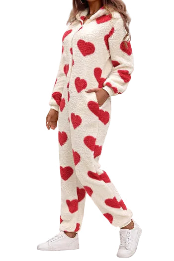 Fuzzy Sherpa Heart Hooded Zip-Up Teddy Sherpa One-Piece Loungewear Jumpsuit