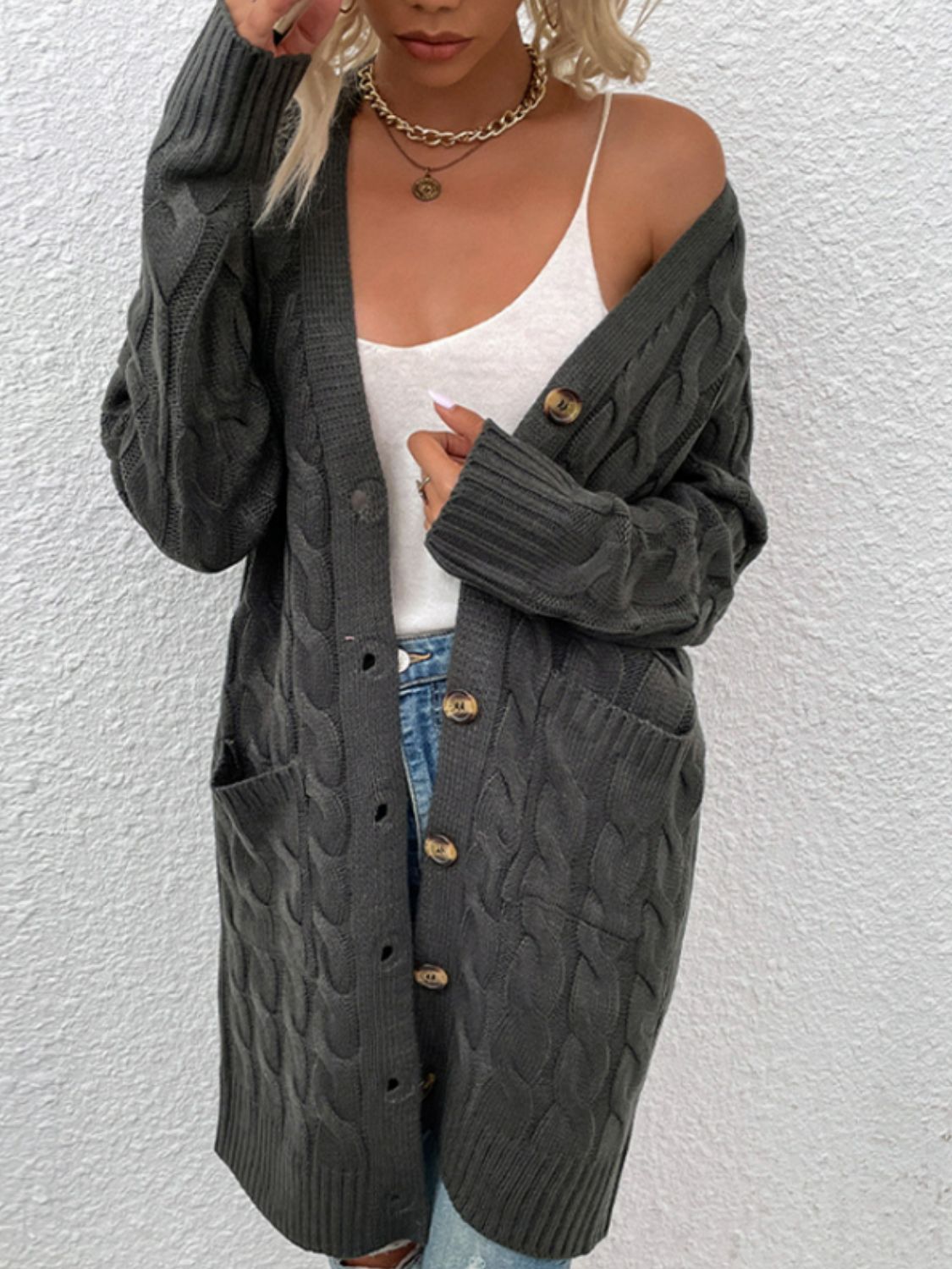 Chunky Cable-Knit Classic Button Front Long Cardigan with Pockets