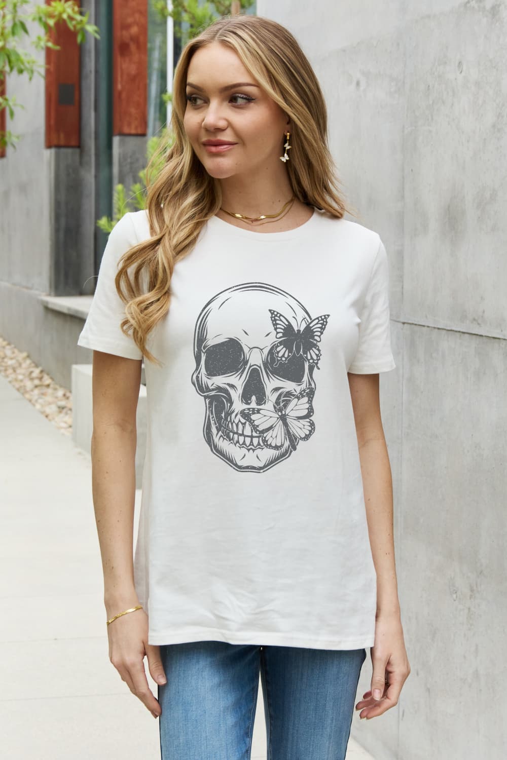 Butterfly Skull Top Contrasting Graphic 100% Cotton Short-sleeve Tee Shirt