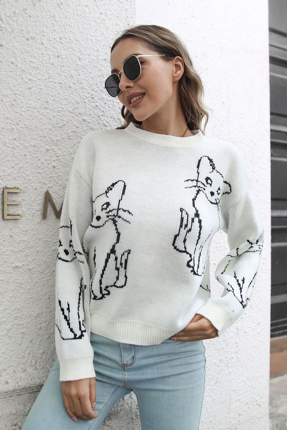 Kitty Cat Knit Round Neck Long Sleeve Pullover Sweater