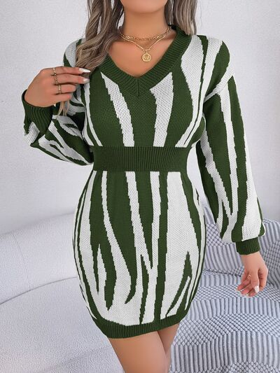 Zebra Knit Sweater Dress Round Neck Playful Animal Print Long Sleeve Mini