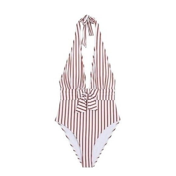 WE WORE WHAT One-piece Bathing suit Brooklyn Striped Plunge V-neck Halter swimsuit