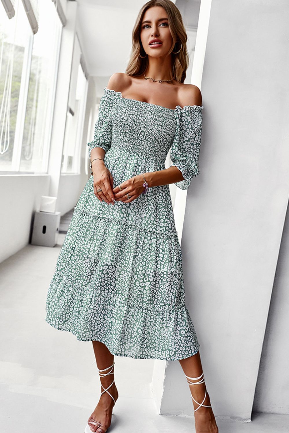 Pastel Ditsy Floral Midi Off-Shoulder Smocked Dress