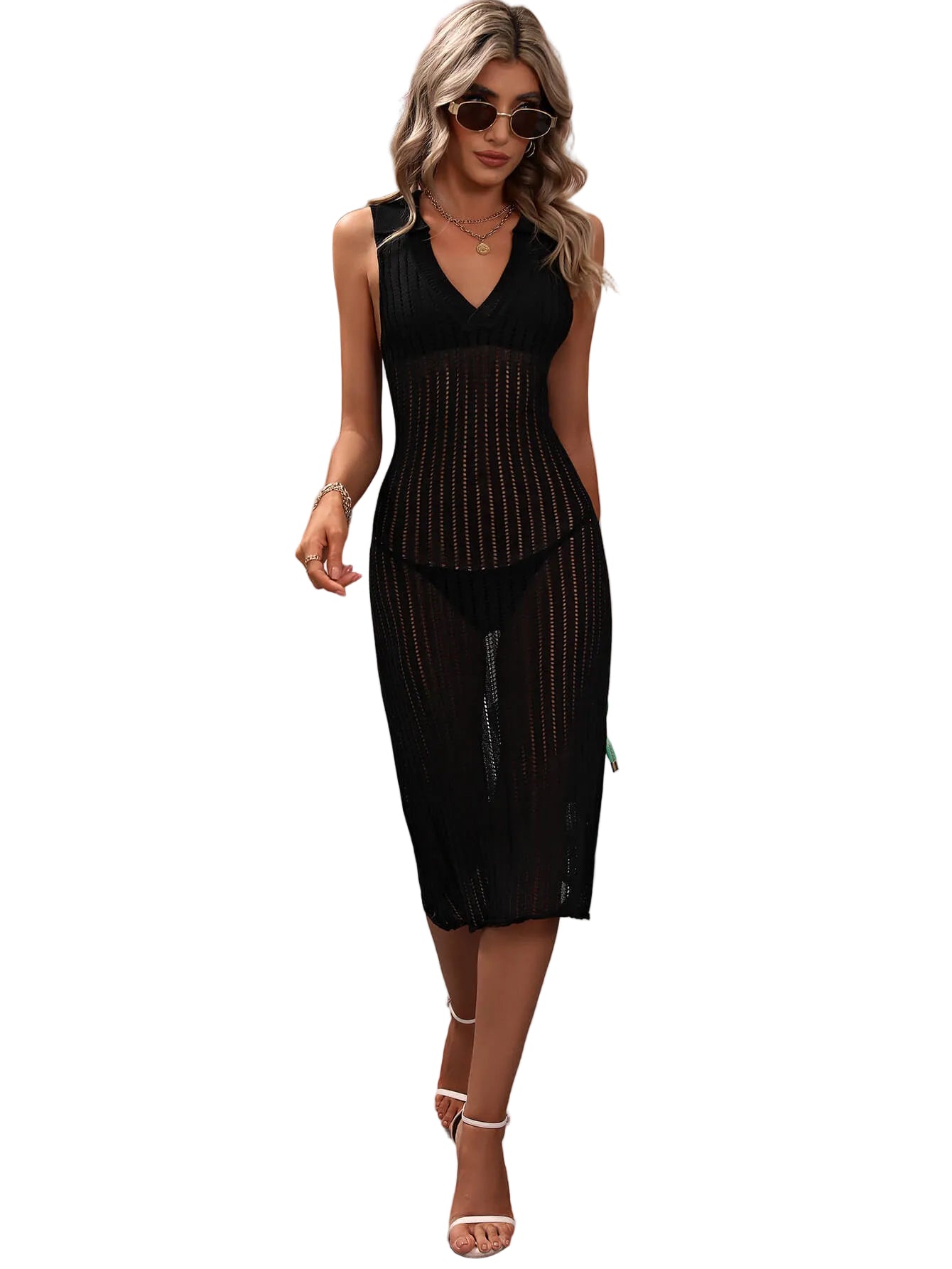 Openwork Knit Swimwear Johnny Collar Sleeveless Bodycon Cover-Up Midi Dress