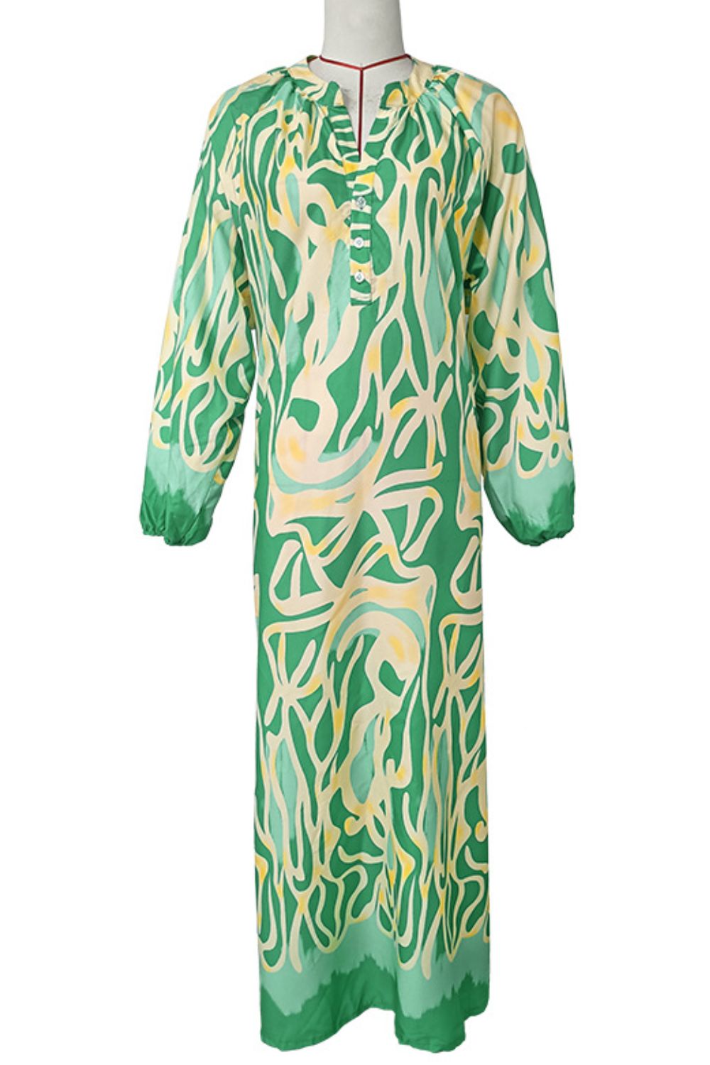 Green Abstract Button Chest Oversized Long Sleeve Dress