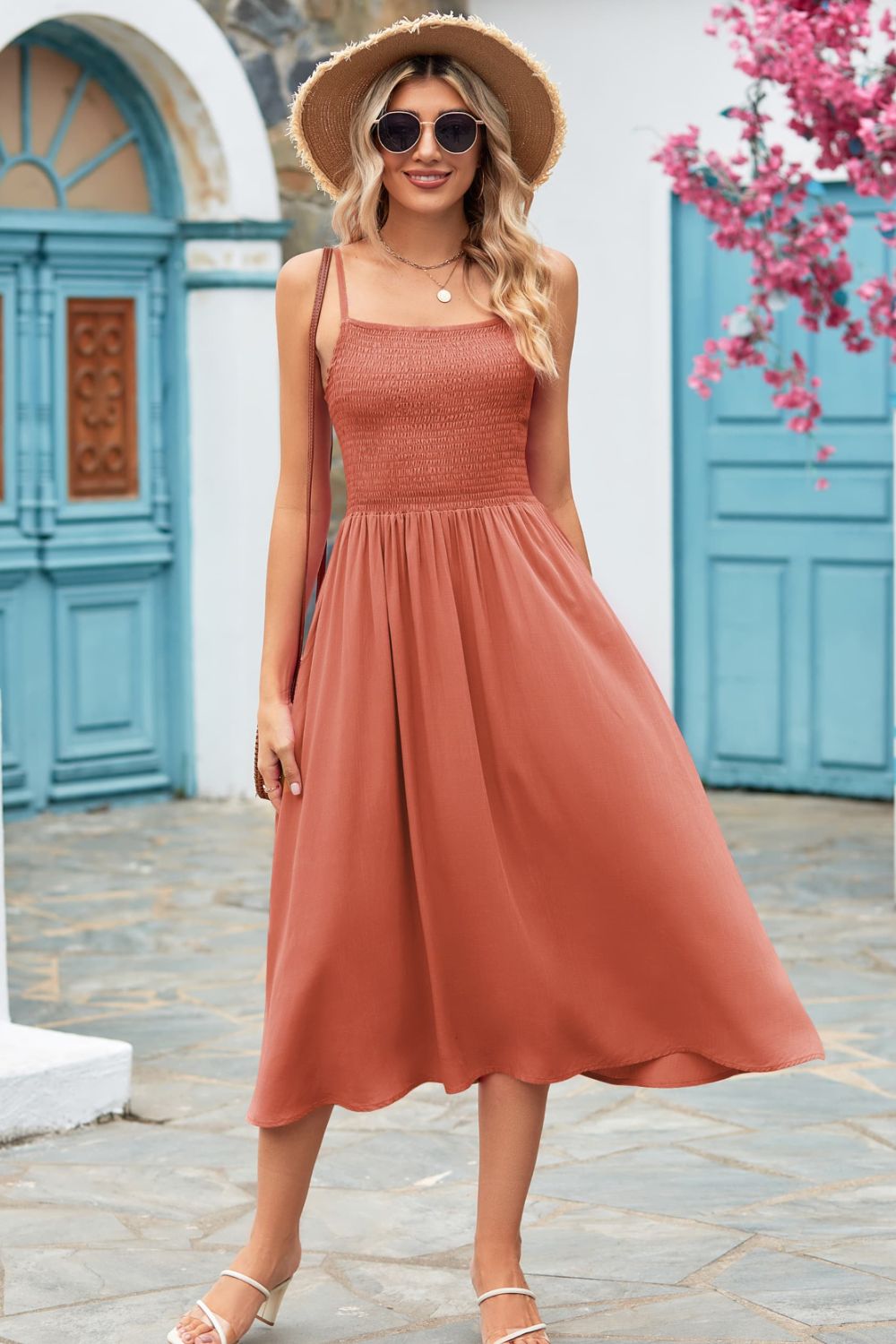 Classic Smock Bodice Spaghetti Strap Midi Summer Dress