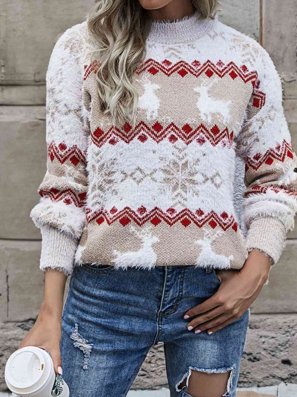 Fuzzy Fair Isle Snowflake Reindeer Knit Round Neck Holiday Minimalist Sweater