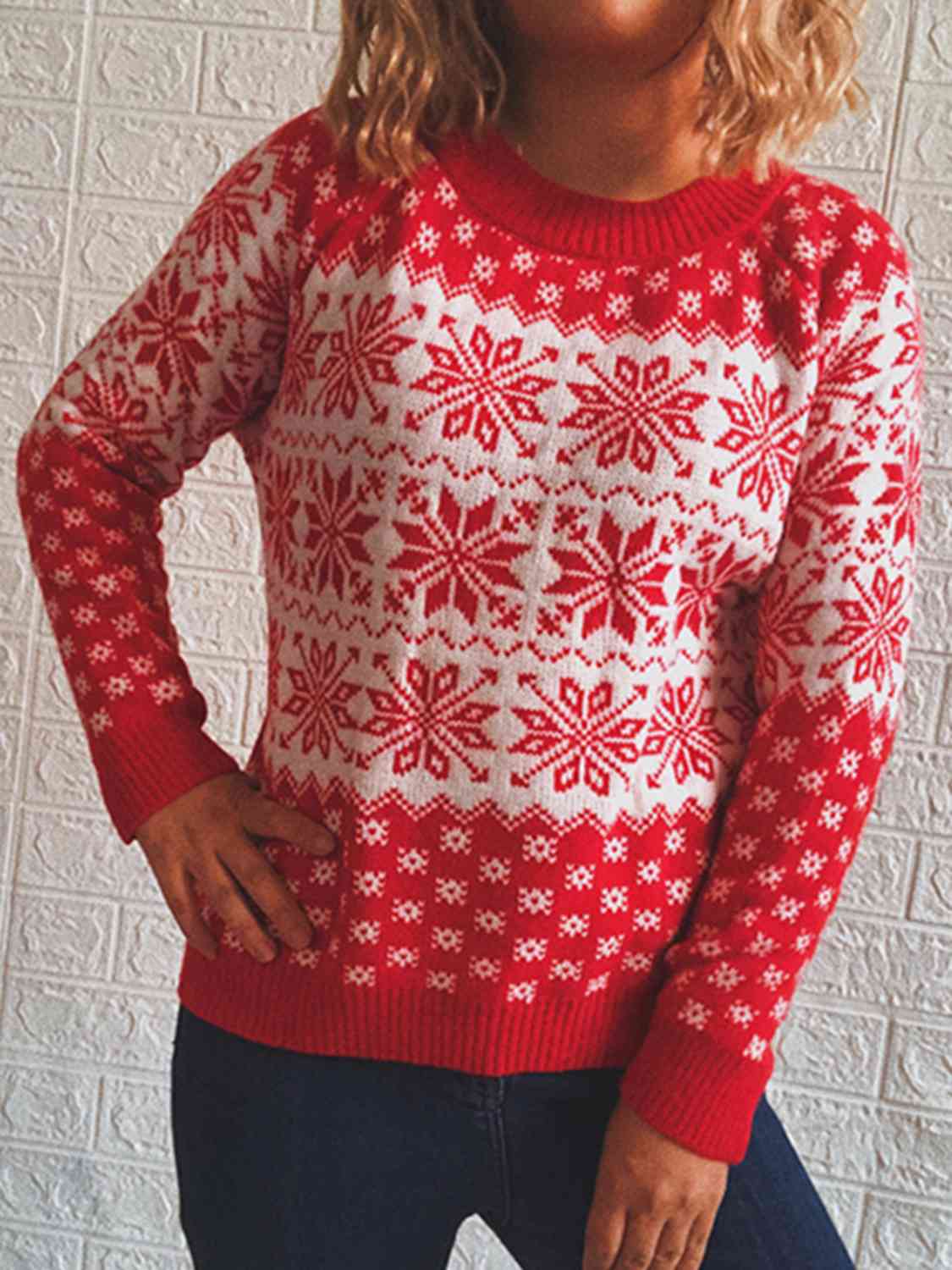 Fair Isle Color Contrast Winter Snowflake Long Sleeve Minimalist Sweater