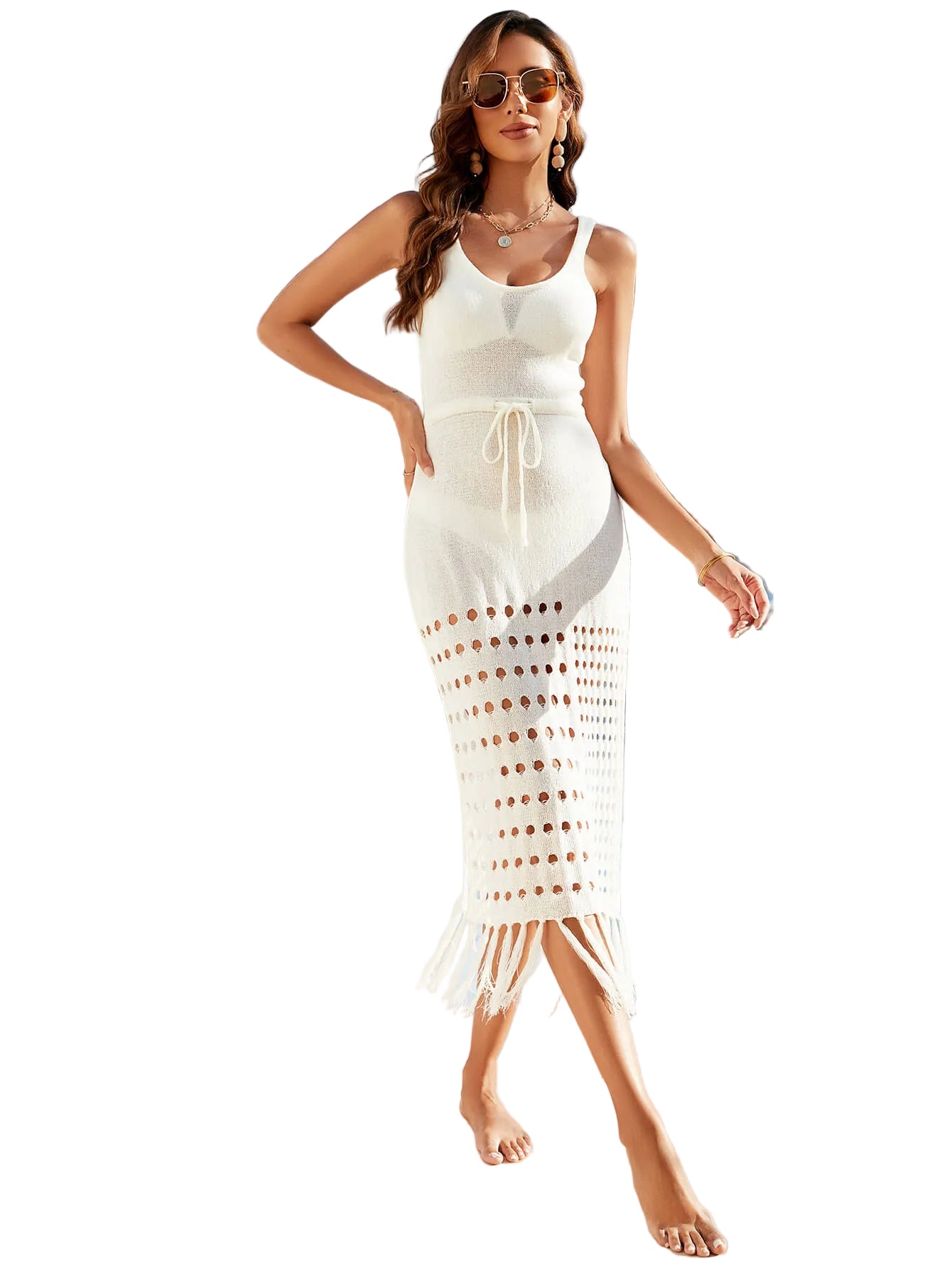 Retro Fringe Hem Open Knit Drawstring Waist Split Side Swimwear Cover-Up Dress