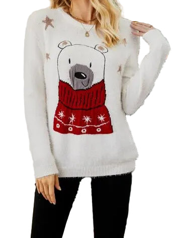 Fuzzy Embroidered Winter Animal Crew Neck Long Sleeve Novelty Holiday Sweater