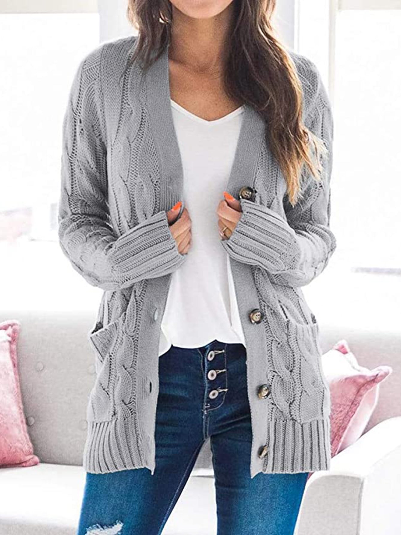 Classic Cable-Knit Buttoned Oversized Cardigan Patch Pockets