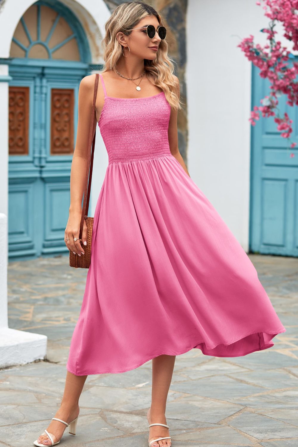 Classic Smock Bodice Spaghetti Strap Midi Summer Dress