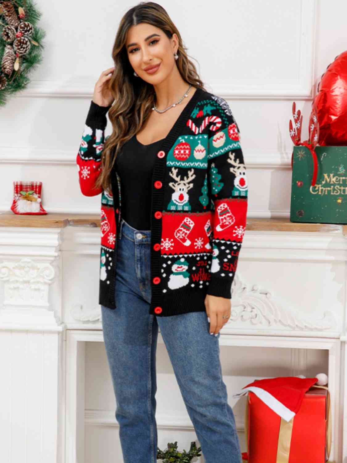 Christmas Let it Snow Long Sleeve Button Fun Colorful Knit Sweater Cardigan