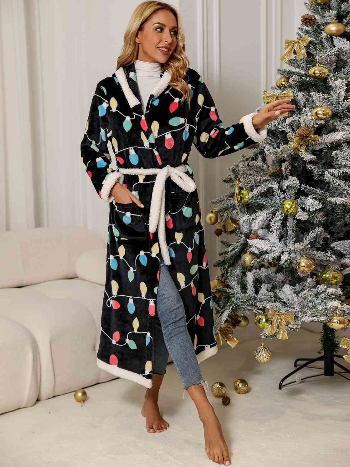 Holiday Christmas Lights Long Full Length Tie Waist Hooded Robe