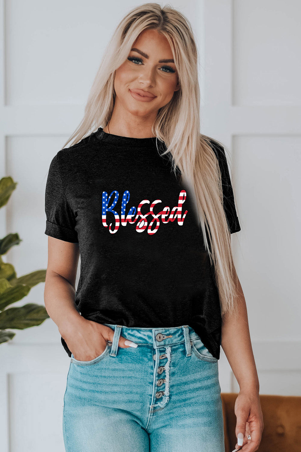 American BLESSED USA Flag Top Round Neck Shortsleeve Tee Shirt