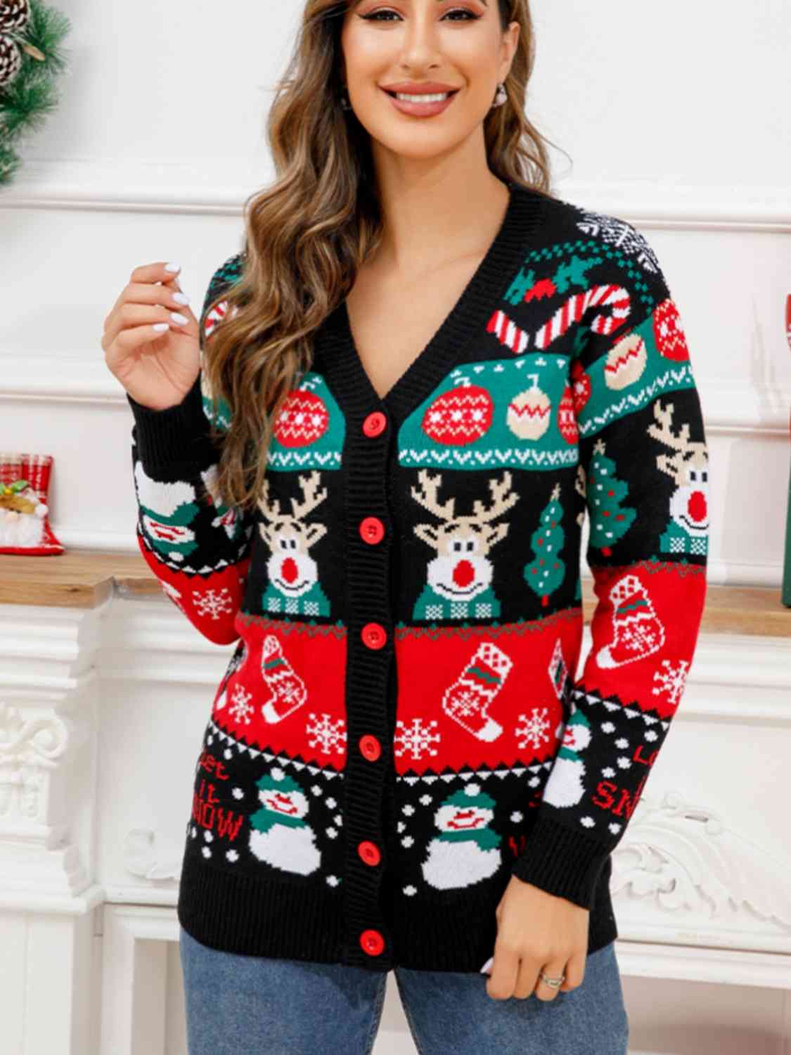 Christmas Let it Snow Long Sleeve Button Fun Colorful Knit Sweater Cardigan