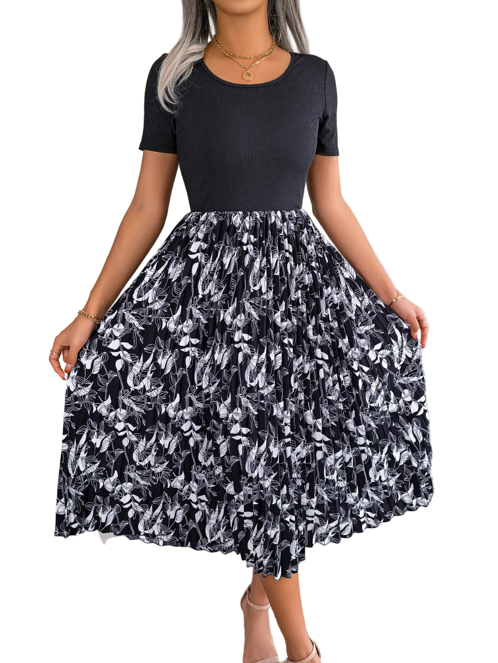 Floral Accordion Pleated Midi Dress Round Neck Short Sleeve Flowing Colorblock A-Line