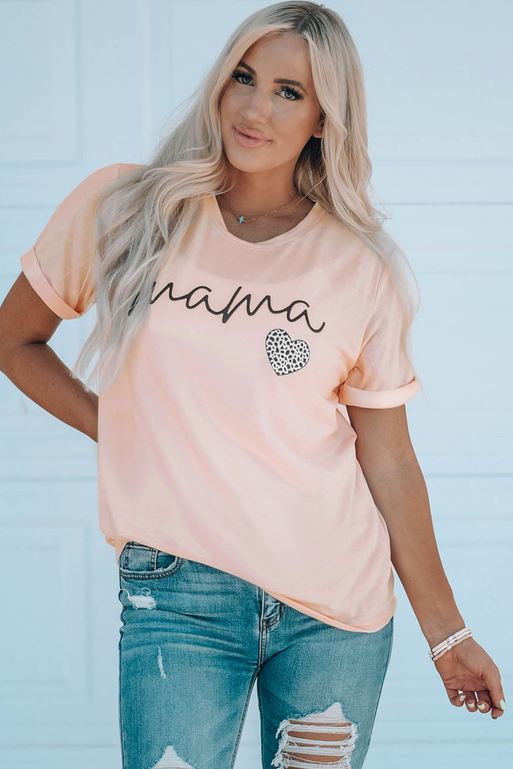 MAMA Leopard Heart Graphic Short Sleeve Top Casual Mother Shirt