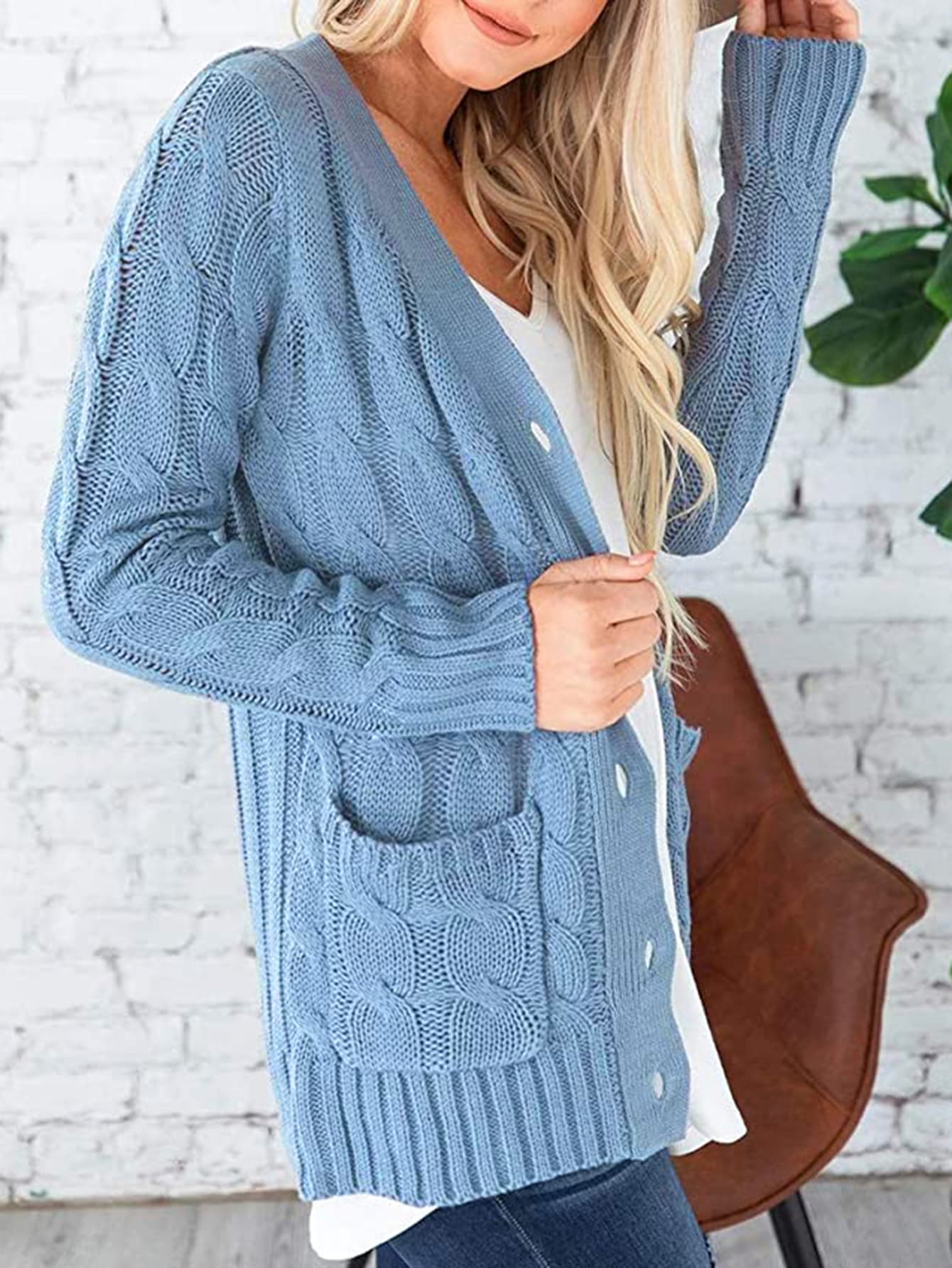 Classic Cable-Knit Buttoned Oversized Cardigan Patch Pockets