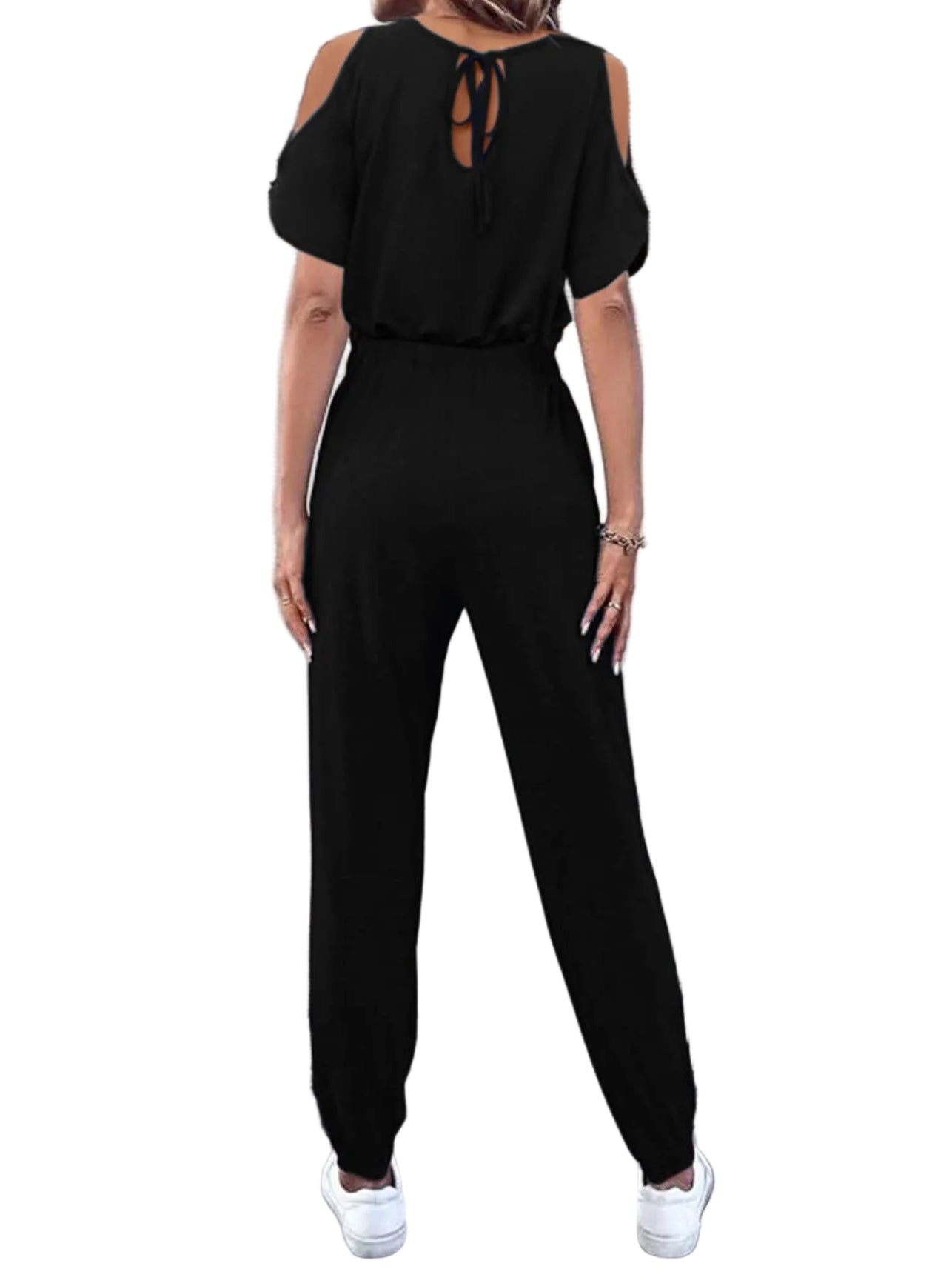 Cold-Shoulder Elastic Waist One-Piece Ankle Jogger V-Neck Pocket Jumpsuit