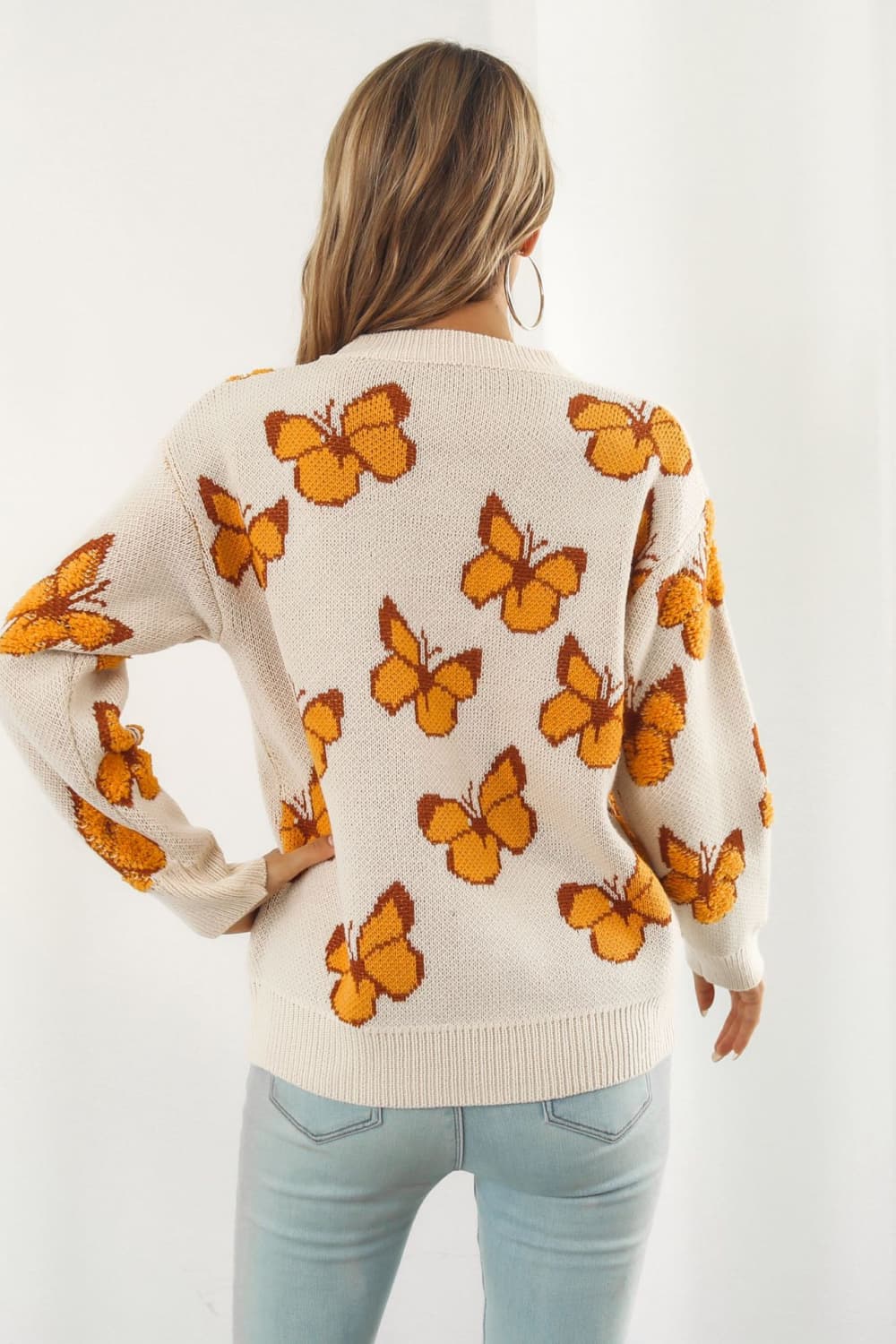 Fuzzy Monarch Butterfly Raised Shag Bold Colors Knit Pullover Sweater Shirt