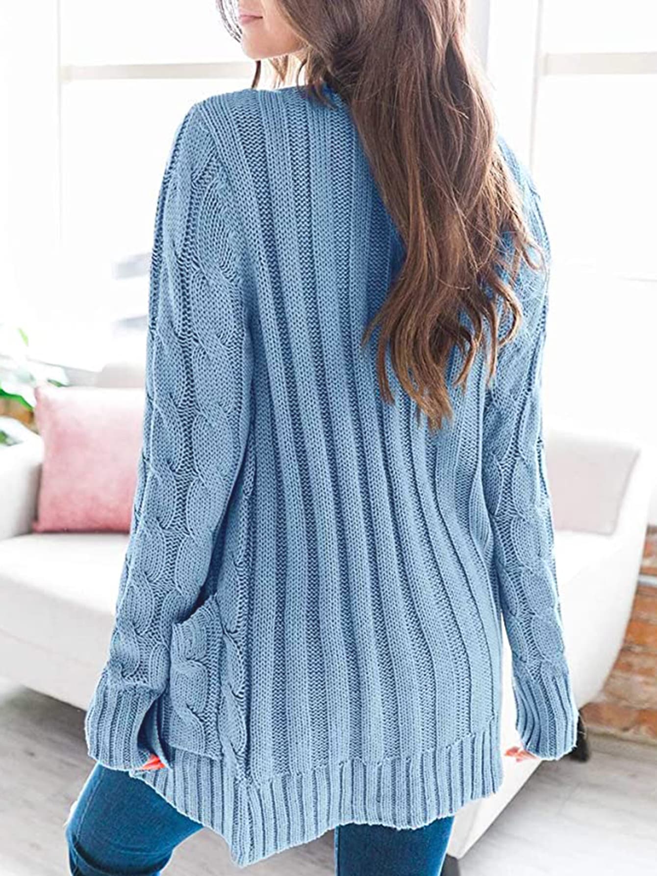 Classic Cable-Knit Buttoned Oversized Cardigan Patch Pockets