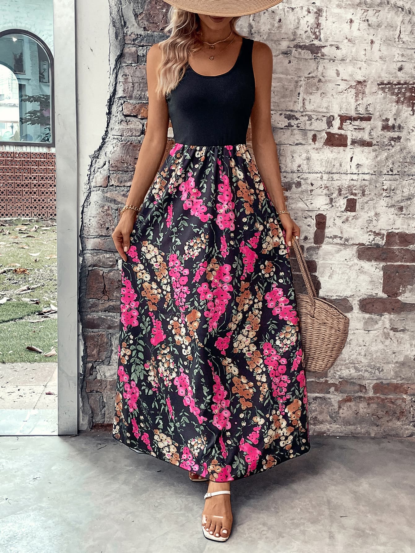 Color Block Bright Pink Floral Scoop Neck Sleeveless Maxi Dress