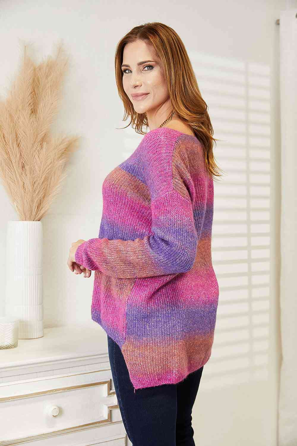 Bright Multicolor Ombre Ribbed Knit Pullover Oversized Split Hem Tunic Sweater Shirt