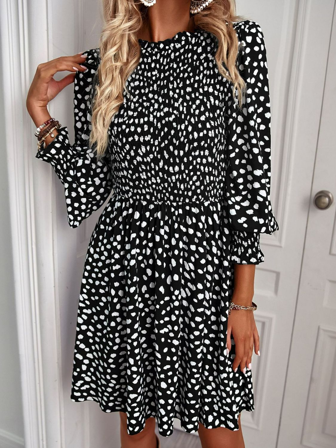 Fun Print Puff Long Sleeve Smocked Dress (4 Colors Available)