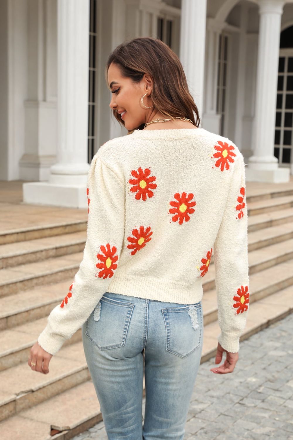 Retro Daisy Soft Knit Flower Long Sleeve Pullover Sweater Shirt
