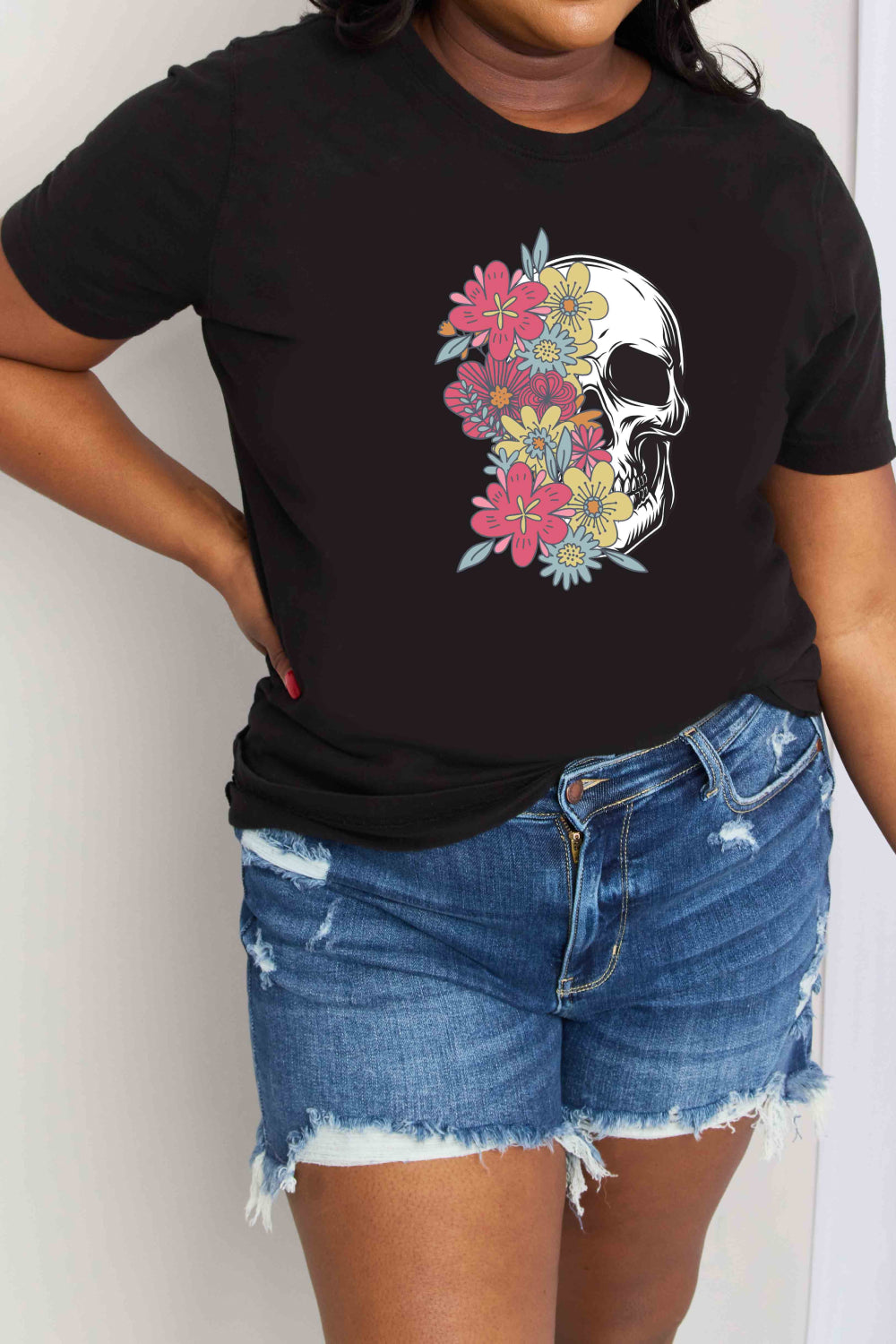 Colorful Floral Skull Graphic 100% Cotton Short Sleeve Tee Shirt (Plus Size Available)