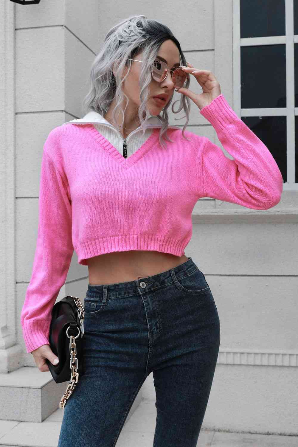 Collar Contrast Color Preppy Crop Top Long Sleeve Faux Layer Sweater Shirt