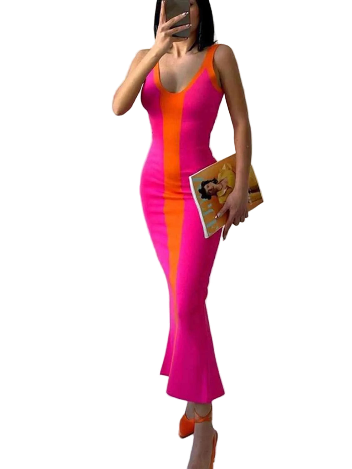 Contrast Colorblock Scoop Neck Fitted Sleeveless Bodycon Back Slit Midi Dress