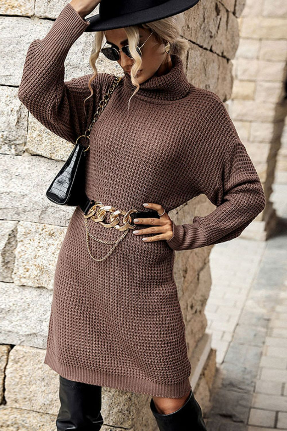 Turtleneck Long-sleeve Mini Sweater Dress