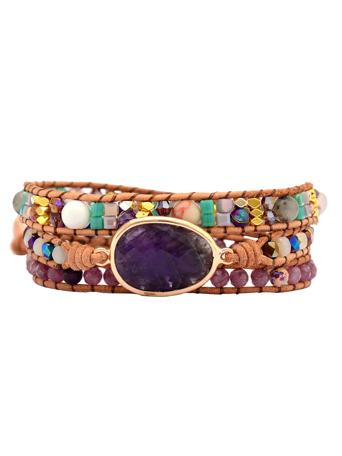 Natural Stone Amethyst Imperial Jasper Agate Multi-Strand Gemstone Wrap Bracelet