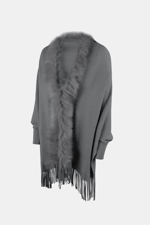 Plush Faux Fur Retro Fringe Hem Open Front Knit Poncho Knit Cardigan