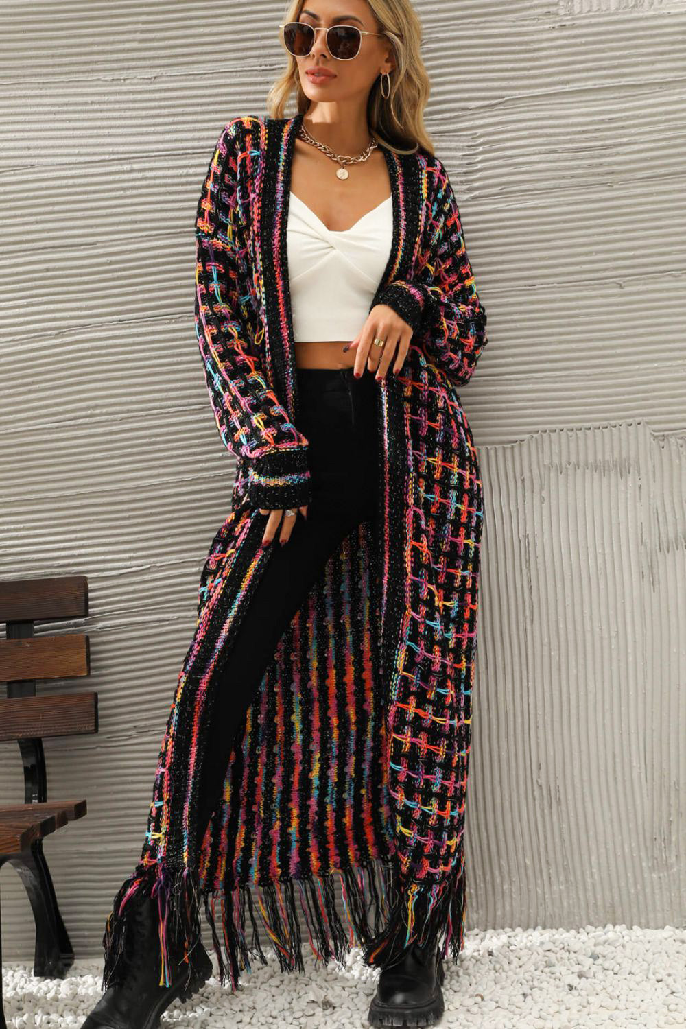 Retro Knit Bold Colorful Open Front Fringe Hem Longline Duster Sweater Cardigan