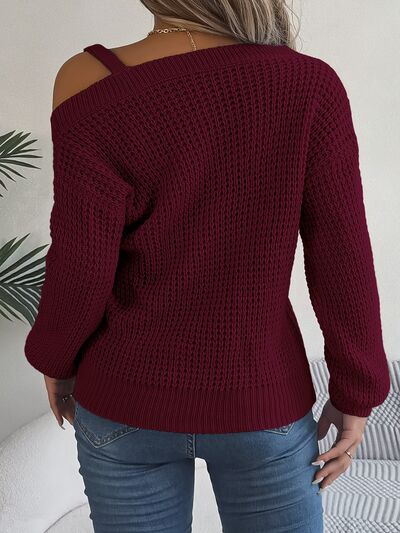 Waffle Knit Cold Shoulder Asymmetrical Gold Accent Long Sleeve Sweater Shirt