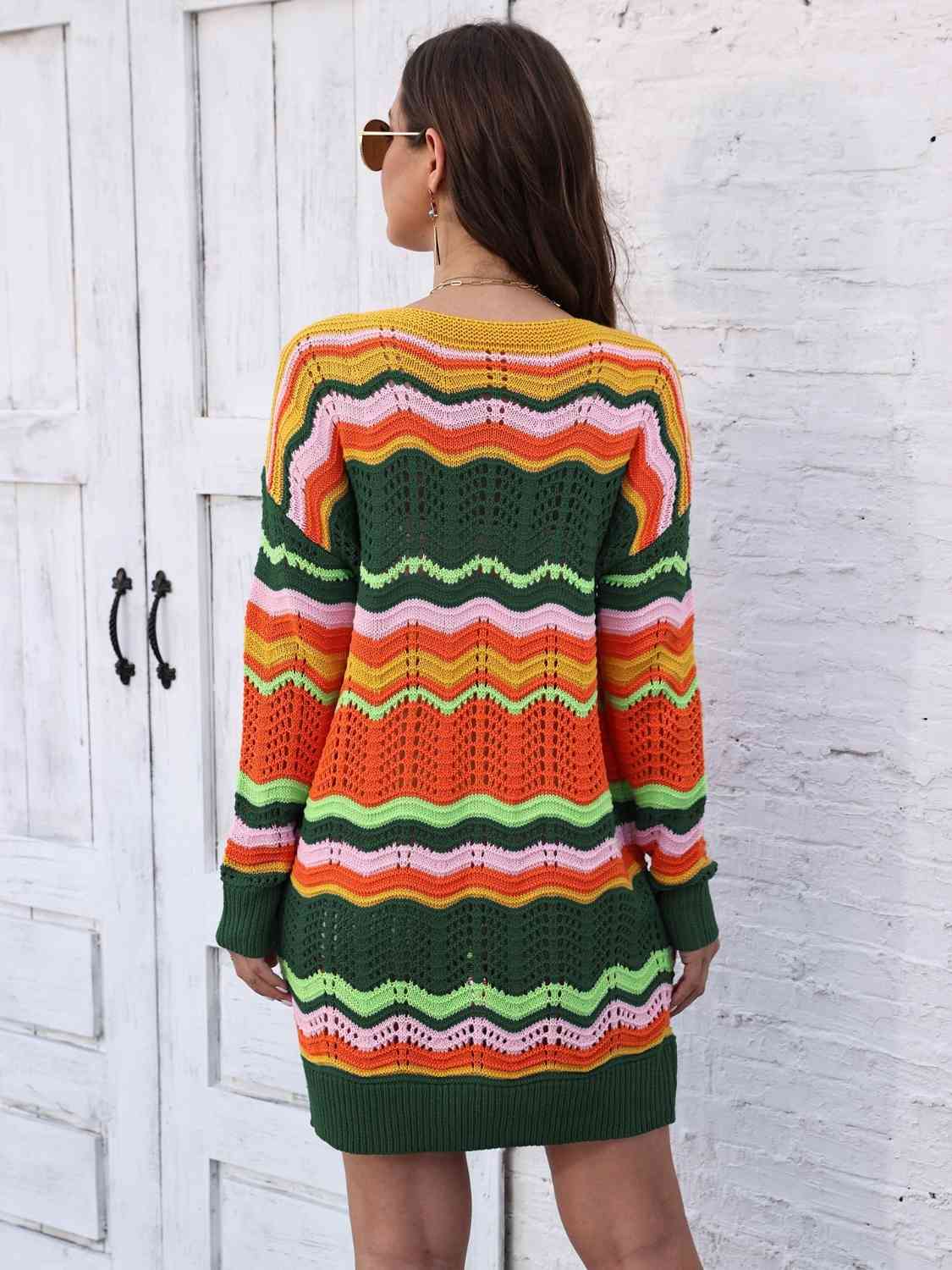 Retro 70s Revival Openwork Knit Long Sleeve Mini Sweater Dress Zigzag Stripe