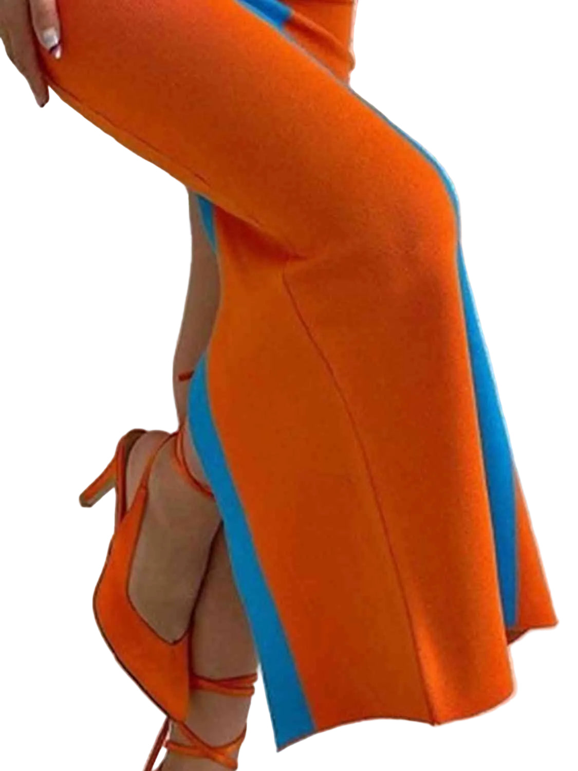 Contrast Colorblock Scoop Neck Fitted Sleeveless Bodycon Back Slit Midi Dress