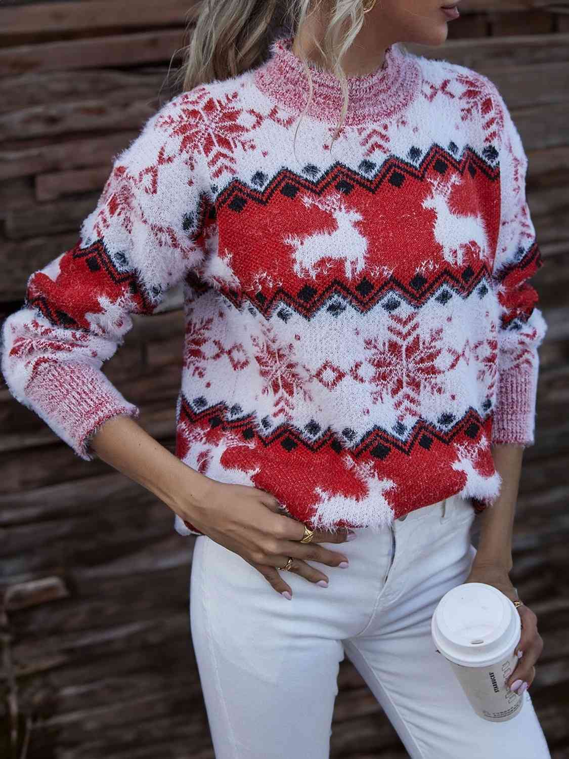 Fuzzy Fair Isle Snowflake Reindeer Knit Holiday Round Neck Minimalist Sweater