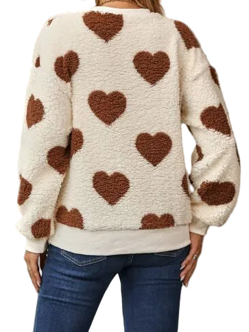 Fuzzy Teddy Sherpa Contrast Heart Crew Neck Top Long Sleeve Pullover Sweatshirt
