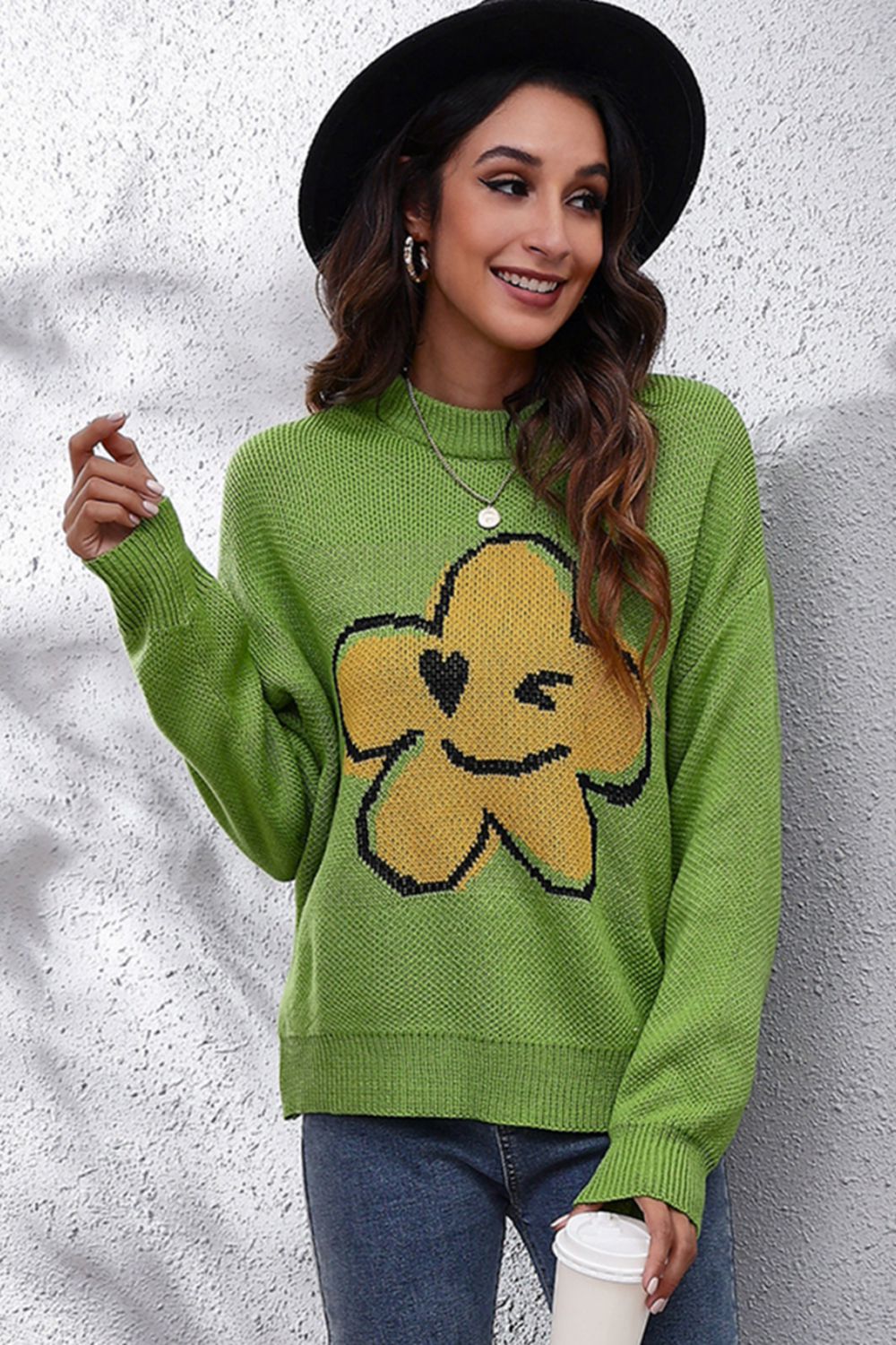 Smiley Face Abstract Flower Bold Color Knit Pullover Long Sleeve Sweater Shirt