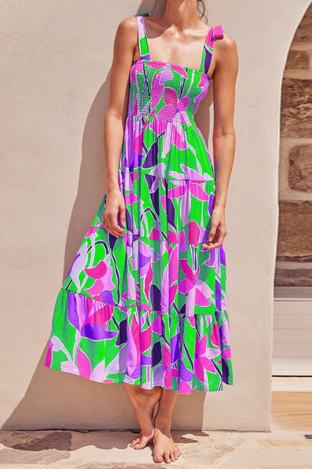 neon floral dress Bright Neon Floral Abstract Tie Shoulder Smocked Bodice Tiered Maxi Summer Dress Lime Green / L